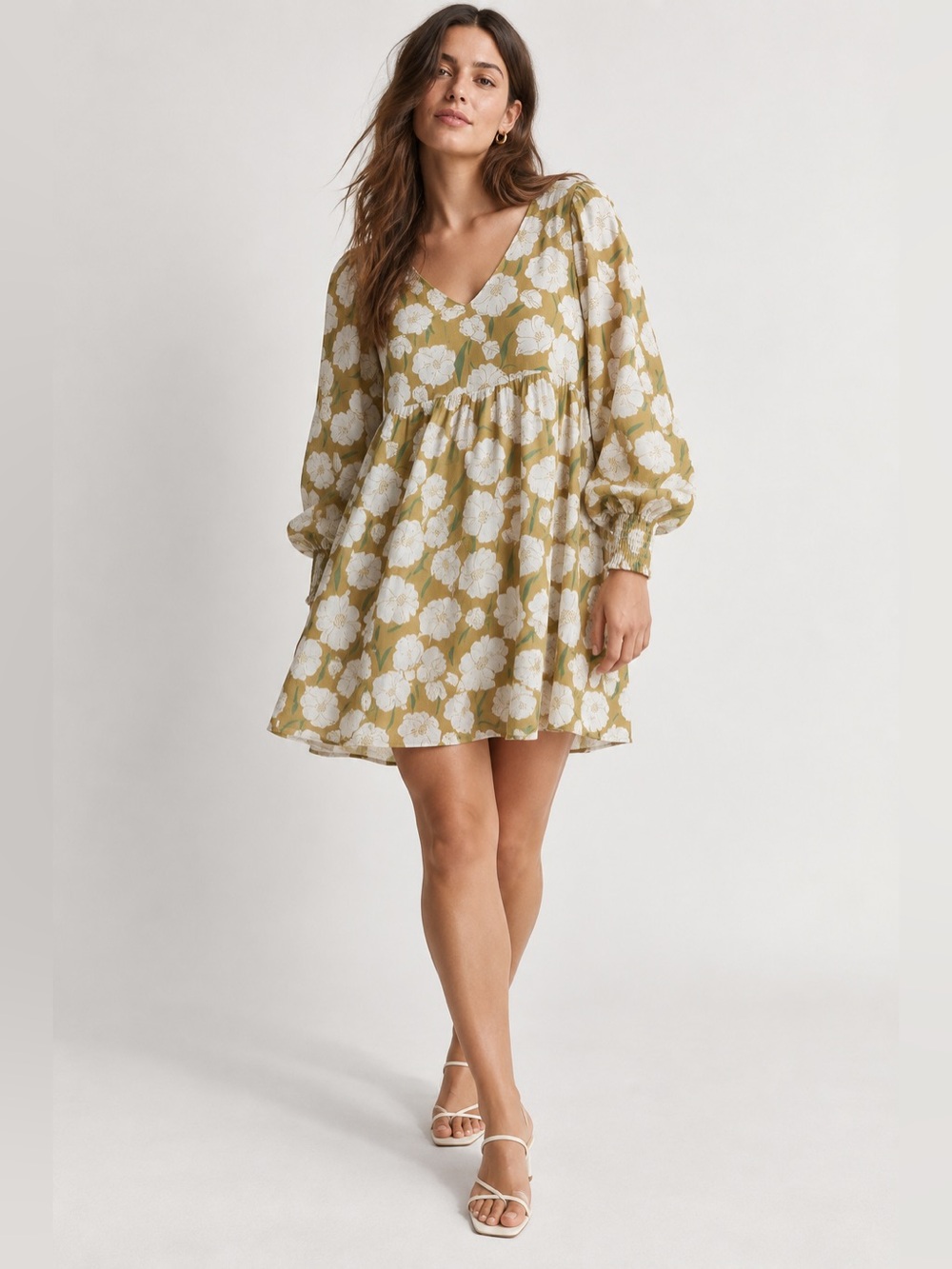 Ran Floral Puff Long Balloon Sleeve Voluminous Baby Doll Mini Short Dress
